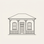 Line drawing of a Caribbean cafe with ornate balconies and palm trees
